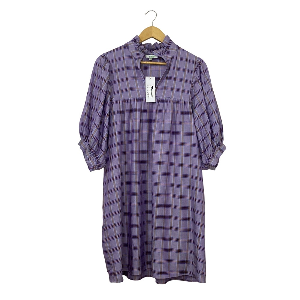 Jade Melody Tam NEW Womens Purple Plaid Puff Sleeve Ruffle Neck Shift Dress M